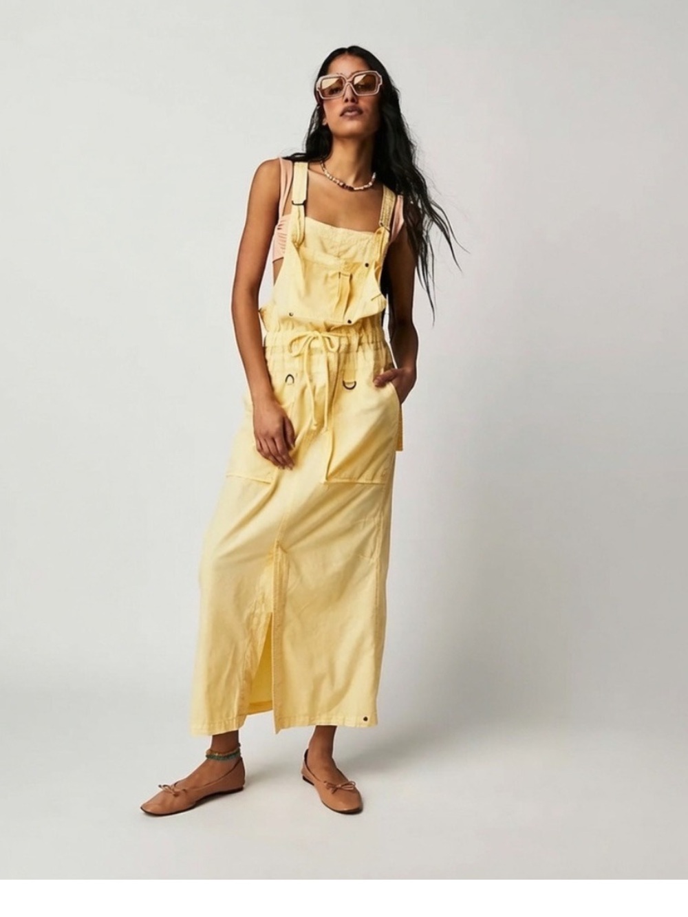 Free People Gracie Skirtall Overall Style Utility Maxi Dress Butter Yellow Med